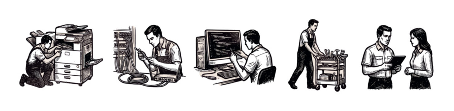 Various hand-drawn illustrations depict IT technicians and service people performing different tasks on a clean white background