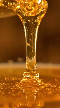 Captivating Golden Fluid Dripping: A Close-Up Exploration of Viscous Liquid Movement and Texture Under Soft Light