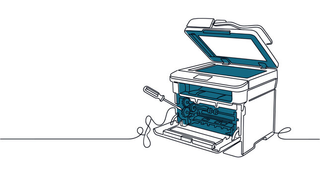 Continuous line drawing of a multifunction printer being repaired with a screwdriver, featuring internal gears and open cover on a white background