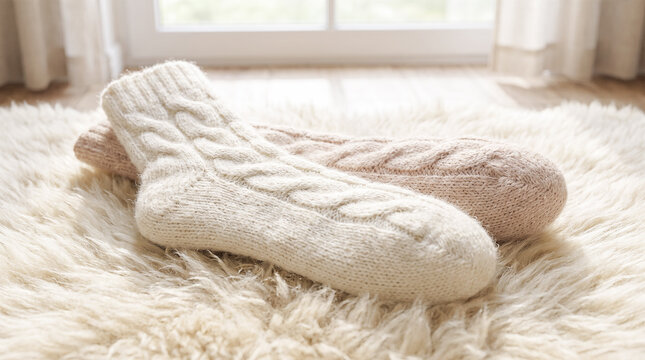 cozy warm winter composition featuring thick handmade white knitted woolen socks resting peacefully upon soft beautifully textured fluffy sheepskin carpet during cold morning