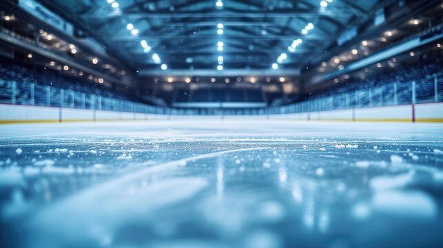 Empty illuminated indoor ice rink from low perspective showing scratched glossy ice, distant spectator stands and overhead lights, calm anticipatory atmosphere