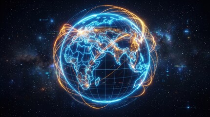 Naklejka premium Global communication network concept with digital glowing blue earth globe hologram showing international flight paths, satellite data connection and telecommunications in deep space background