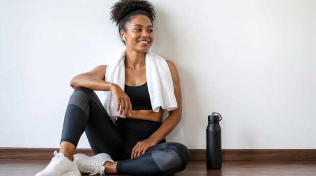an african woman sitting against a clean white wall after exercise while listening to music