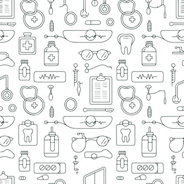 Healthcare equipment seamless pattern featuring dentist tooth glasses stethoscope clipboard and medicine icons on transparent background for design.