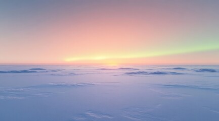 Obraz premium Tranquil frozen expanse at sunrise with rippled snow fields and a pastel glowing horizon, evoking calm and solitude