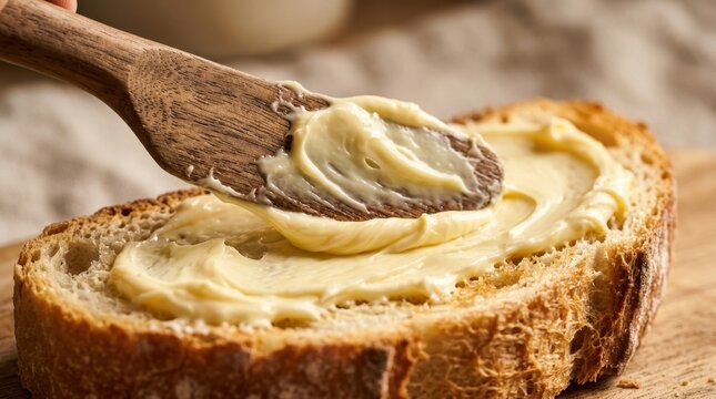 Close up of a wooden spreader applying creamy natural butter on a toasted slice of rustic sourdough bread, conceptualizing healthy breakfast and diet.