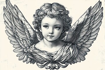 Obraz premium antique engraved angel bust with large feathered wings, curly hair and draped cloth, face obscured by a blurred square evoking mysterious haunting serenity