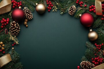 Fototapeta premium Festive evergreen frame of fir branches, pine cones, red berries, red and gold baubles and gold ribbons surrounding an empty dark green center, warm holiday cheer
