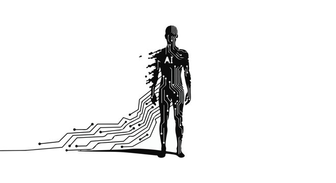 Human form dissolving into digital circuits, representing artificial intelligence and technology integration.