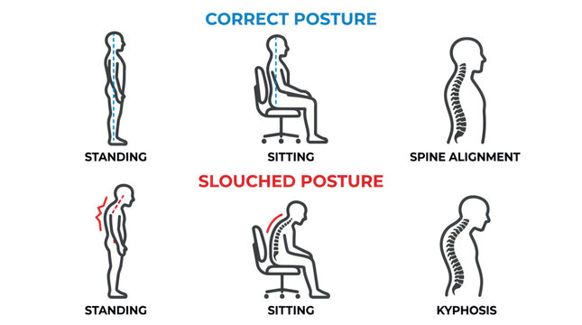 Spine alignment and ergonomic posture comparison diagrams.