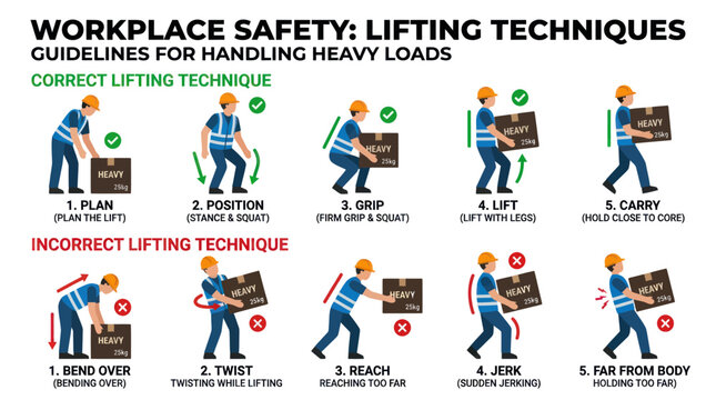 Workplace safety lifting techniques for handling heavy loads.