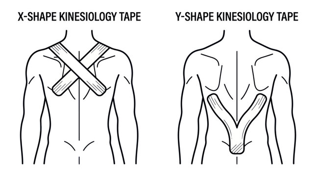 X-shape and Y-shape kinesiology tape application diagrams.