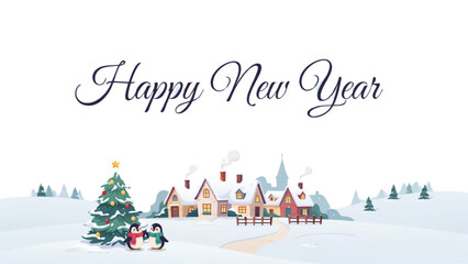 Happy new year celebration with festive christmas village and fireworks display Vector © MSTJAMI