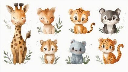 Fototapeta premium Eight adorable watercolor baby animals with leafy sprigs, smiling and peaceful — giraffe, fawn, two tiger cubs, raccoon-like and squirrel-like kits, and a sleepy koala conveying gentle playful charm