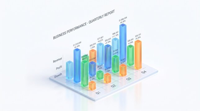 Isometric quarterly business performance bar chart