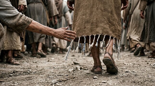 Desperate hand reaches out touching the hem of a walking figure's robe in a crowd of followers on dusty ground conveying faith