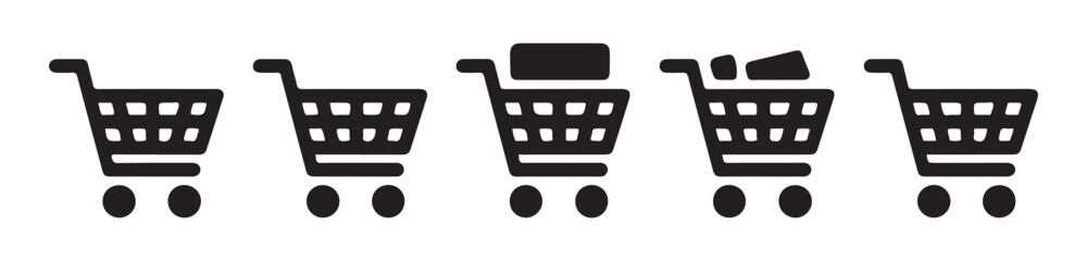 Modern shopping cart icon variants with packages and empty basket states for digital marketing design. © Md