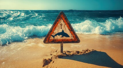 Fototapeta premium Rusted triangular shark warning sign planted in sunlit sandy beach with foamy turquoise waves crashing, casting a long shadow and evoking tense caution