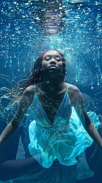 A captivating underwater scene featuring a young woman gracefully suspended in water, surrounded by shimmering bubbles and an ethereal blue ambiance that creates a serene atmosphere.