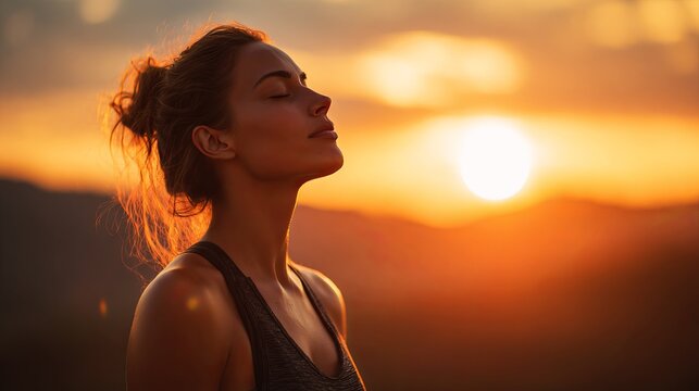 Peaceful young woman with eyes closed enjoys the warm golden sunlight during a calm evening of deep mindful meditation practice