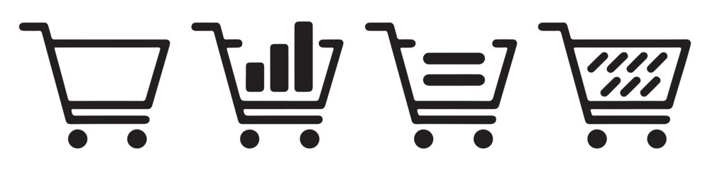 Minimalist shopping cart icons including empty trolley plus chart and dash symbols for retail data. © Md