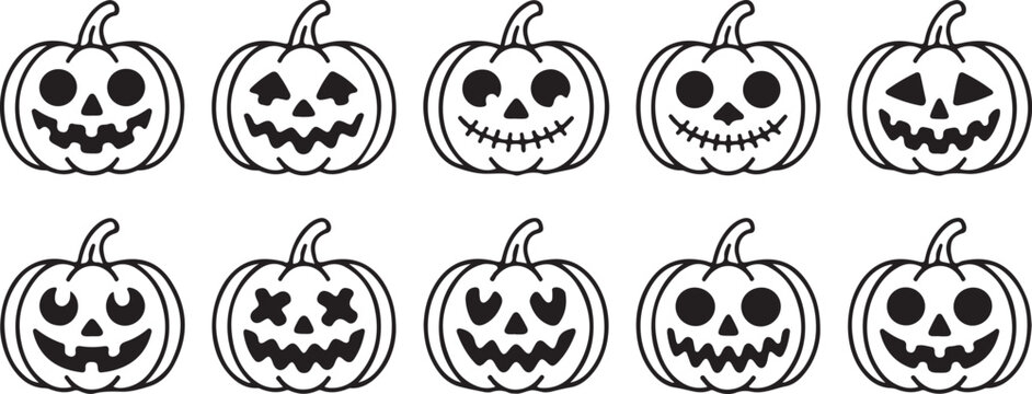 12 Halloween pumpkin icons set. Vintage funny pumpkins isolated on white background. Monsters faces. Design elements for logo, badges, banners, labels, posters. Vector illustration
