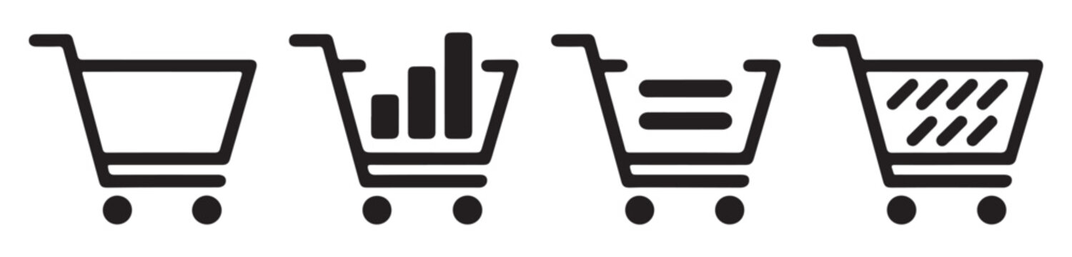 Minimalist shopping cart icons including empty trolley plus chart and dash symbols for retail data.
