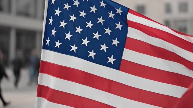 American flag waving proudly in outdoor urban setting with blurred background of people walking, symbolizing national pride and freedom of country