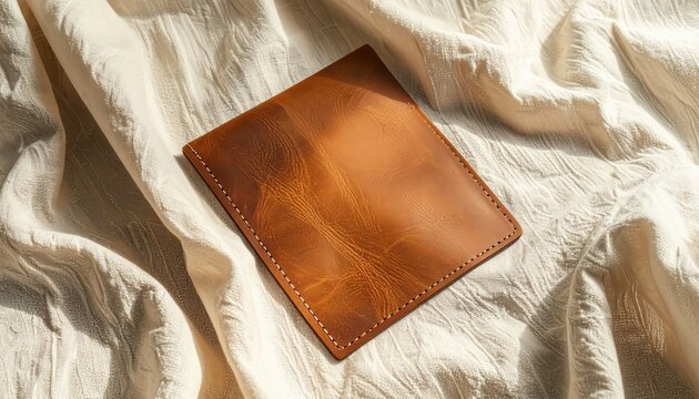 Brown leather wallet on fabric background.