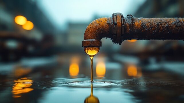 solitary rusty pipe tap dripping a glowing water droplet into a calm puddle with ripples and warm bokeh lights, quiet and melancholic mood