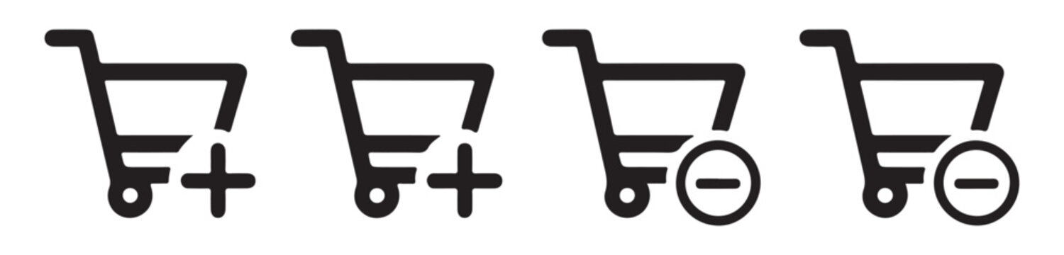 Shopping cart add and remove line icon set vector isolated on transparent background.