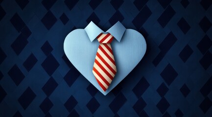 Obraz premium blue shirt folded into a heart shape with collar and red and white striped tie on a dark geometric background conveying affectionate professionalism