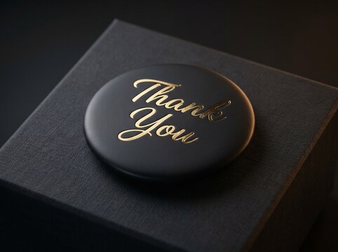 Elegant Black Round Object with Golden Thank You Text.