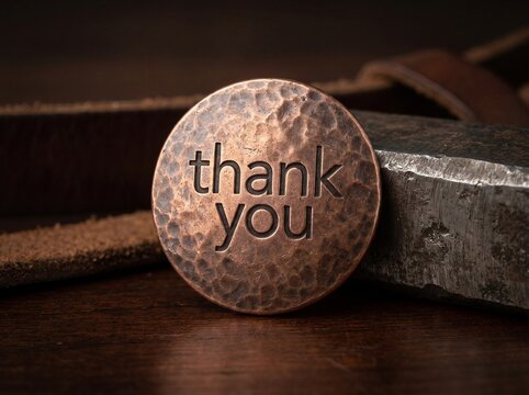Close-up of a hammered copper coin with thank you engraved on it, set against a rustic background.