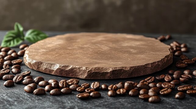 round rustic stone slab surrounded by roasted coffee beans and fresh green leaves on a dark textured tabletop, warm inviting cozy still life
