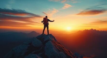 Obraz premium Hiker with backpack standing on rocky mountain summit at sunrise, arms outstretched in triumph and awe overlooking layered peaks and colorful sky