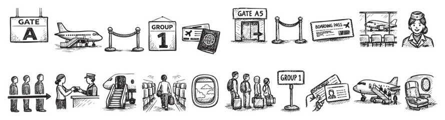 Fototapeta premium Collection of hand-drawn airport and flight related icons, depicting various stages of air travel in a simple, illustrative style
