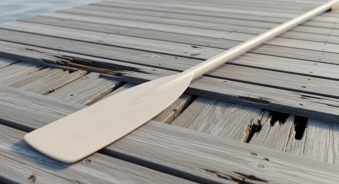 Oar on a wooden dock surface.