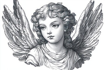 Obraz premium black and white engraved classical angel bust with curly hair and spread wings, draped clothing; face obscured by a gray square, evoking serene mystery and contemplative anonymity