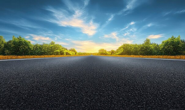 Empty straight asphalt road disappearing to a glowing sunrise on the horizon between green trees under a dramatic blue sky, evoking calm, hope, and freedom