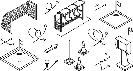 Isometric Soccer Field Equipment Element Set with Goal Post Team Bench Corner Flag and Training Cones Vector Line Art Icons for Football Coloring Pages © EdGe Creative
