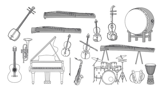 Collection of diverse musical instruments and percussion ensemble outline illustration