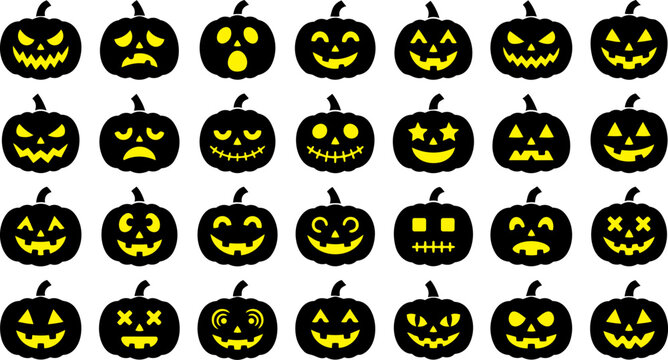 Set of 24 halloween pumpkins with different faces glowing in green and yellow on a white background