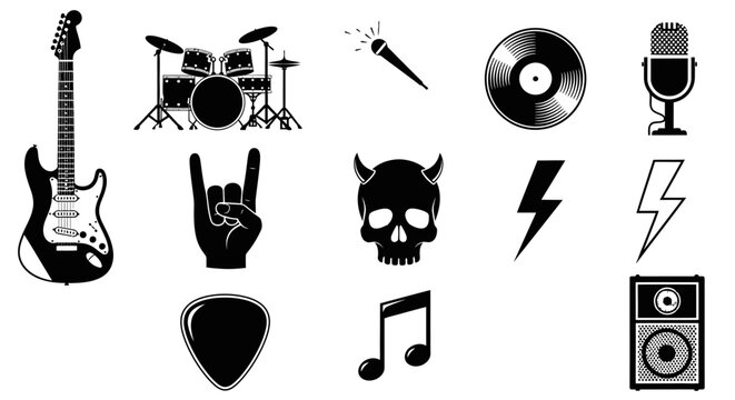 Collection of musical instruments and rock and roll symbols icon set