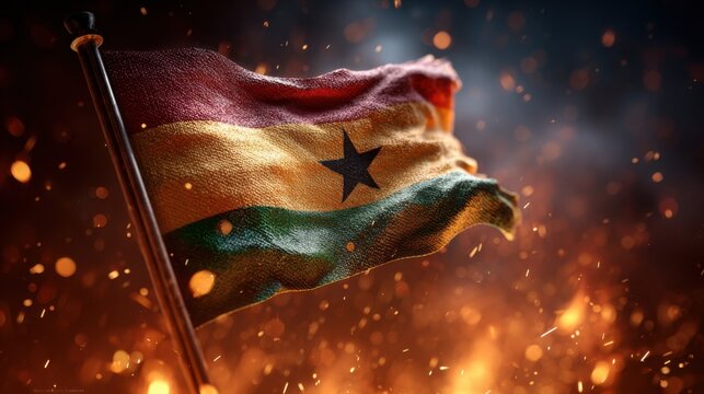 Ghana flag waves against a background of flames and sparks during a celebration at night in a vibrant atmosphere