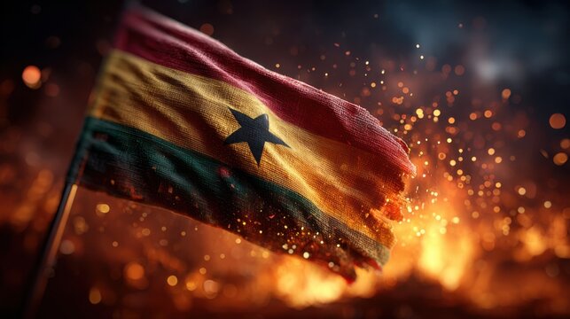 Ghana flag waving in front of flames at night during a celebration or event with light and smoke