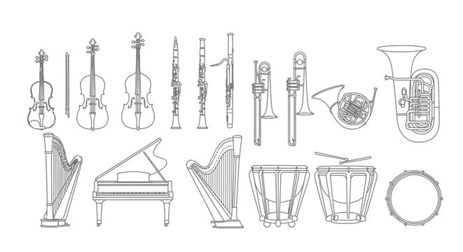 Collection of orchestral musical instruments outline graphic elements