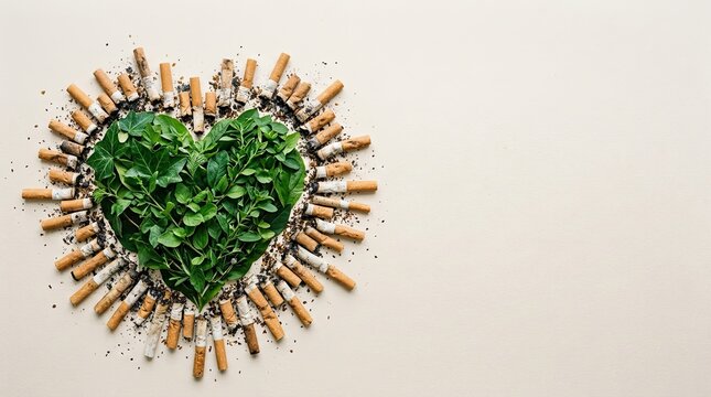 Heart shape formed by fresh green leaves and discarded cigarette butts symbolizing healthy lifestyle choice against addiction and promoting anti smoking awareness
