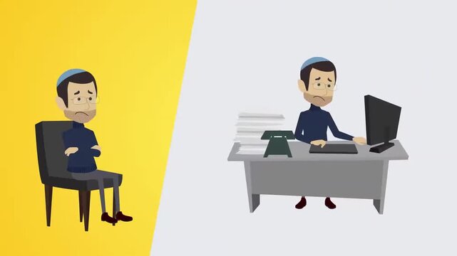 Split Screen View of Sad Man on Chair and Businessman Working at Desk with Computer, Career Overtime Burnout, 2D Vector Animation