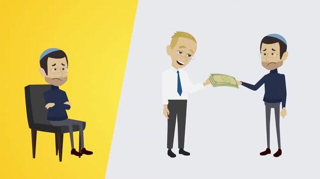 Split Screen View of Man on Chair and Two Businessmen Exchanging Cash Money, Financial Loan or Salary Payment Concept, 2D Animation